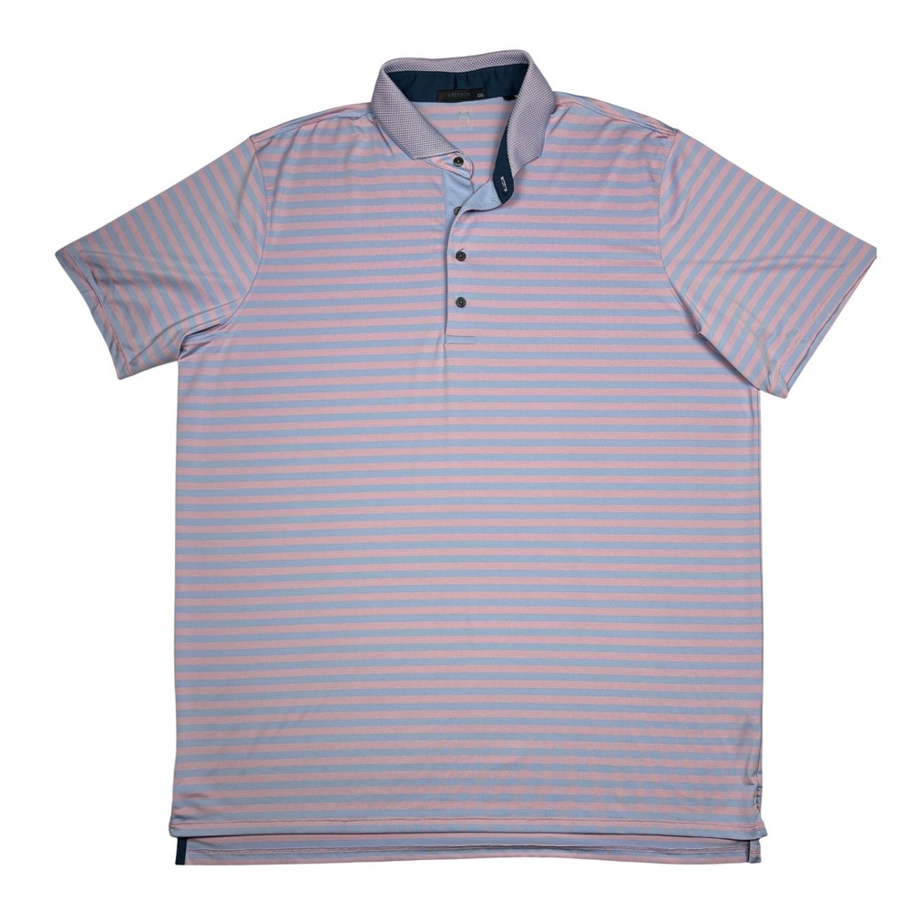 Greyson‎ Polo XXL Mens Blue Purple Pink Striped Performance Golf Wolf Logo 2XL